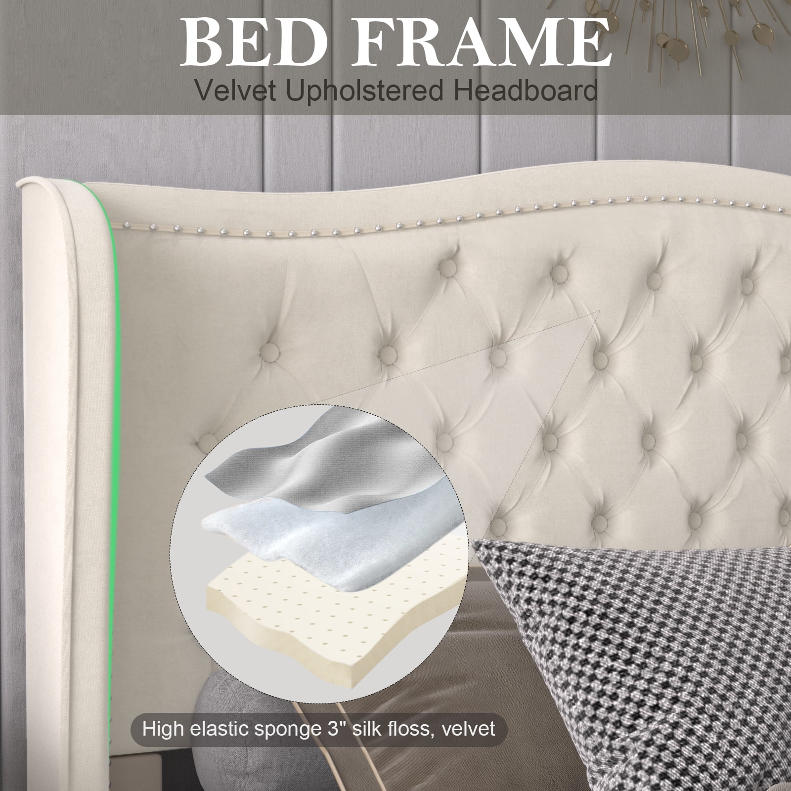 Nathaniel Home Jennifer King Beds, Velvet Upholstered Tufted Bed, Platform Bed Frame with Diamond, Low Profile Platform Beds Strong Wooden Slats White