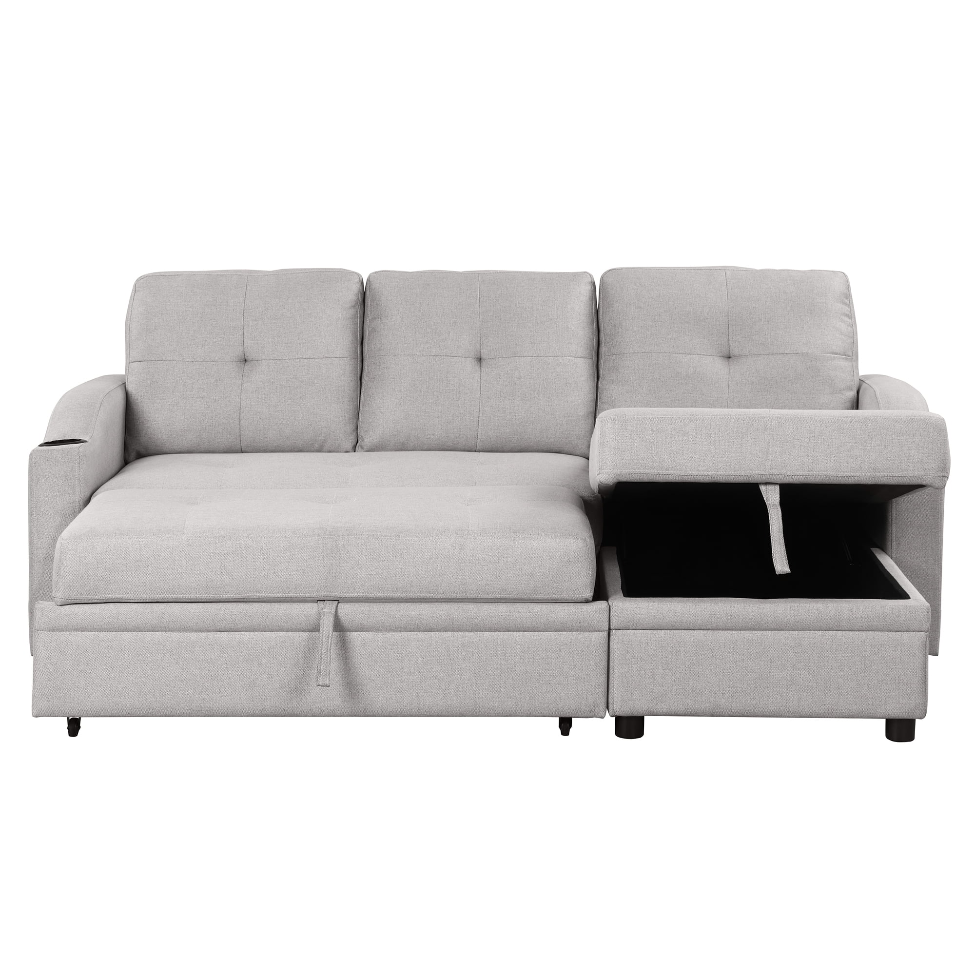 Churanty L-Shape Couch Sectional Sofa Upholstered Velvet Convertible Sofa with Pull-Out Sleeper, Storage Chaise, Cup Holder,Gray