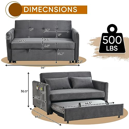 3 in 1 Convertible Sleeper Sofa Bed, Modern Velvet Loveseat Futon Couch Pullout Bed with Side Storage Pockets & Pillows