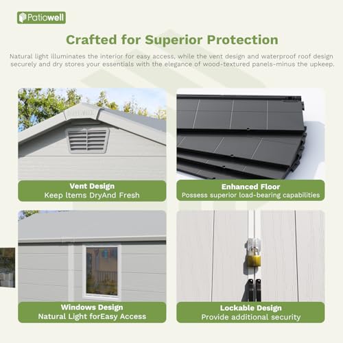 Patiowell 6 x 8 FT Plastic Outdoor Storage Shed with Floor, Resin Outside Tool Shed with Two Windows and Lockable Easy to Install, Door for Garden