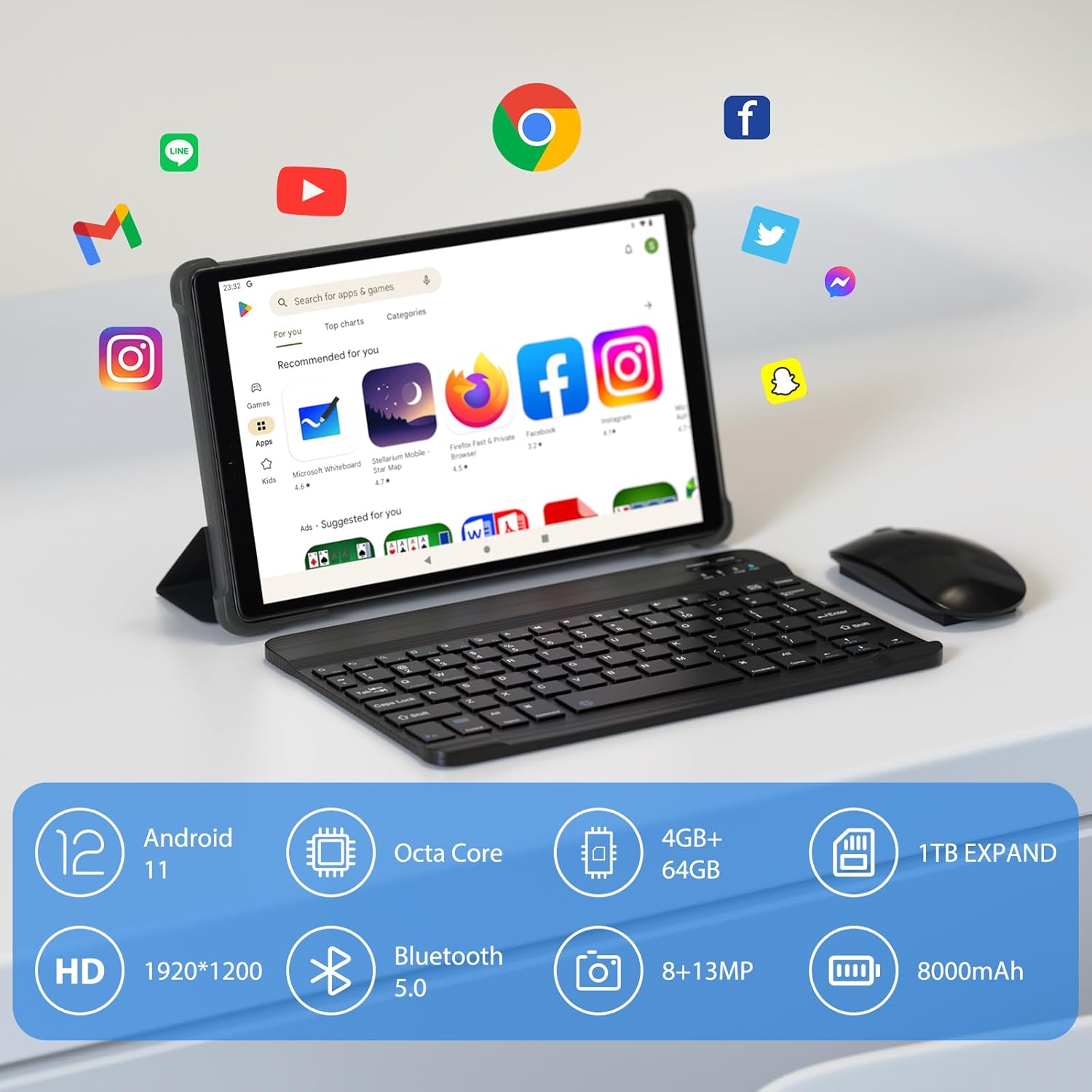 2023 Tablet 10.1 inch Android Tablets 1080P FHD in-Cell LCD Screen, 4GB+64GB Expand to 1TB, Octa-Core CPU, 1920 x 1200 Resolution,8M&13M Dual Camera