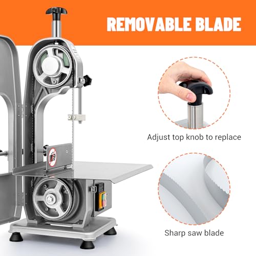 Commercial Electric Meat Saw, 750W Bone Saw For Butchering,110V Meat Bandsaw, Bone Cutting Machine with 2 Saw Blades,0.39-4.3 Cutting Thickness