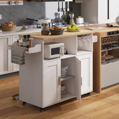 Rolling Mobile Kitchen Island Cart with Desktop Drop Leaf Countertop, Island Table Storage with 5 Wheels