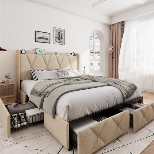 iPormis Queen Bed Frame with 4 Storage Drawers, Upholstered Platform Bed Frame with Charging Station, Modern Wingback Storage Headboard