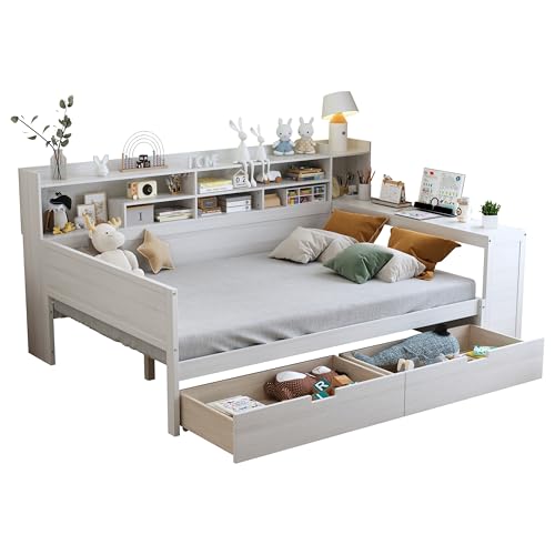 Corner Twin Bed Frame with Bookcase Storage and Desk, Wood Day Beds with 2 Drawers, Twin Size Daybed with Storage for Living Room