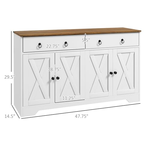 HOMCOM 48" Sideboard Buffet with Storage, Kitchen Storage Cabinet with 2 Drawers and 4 Barn Doors