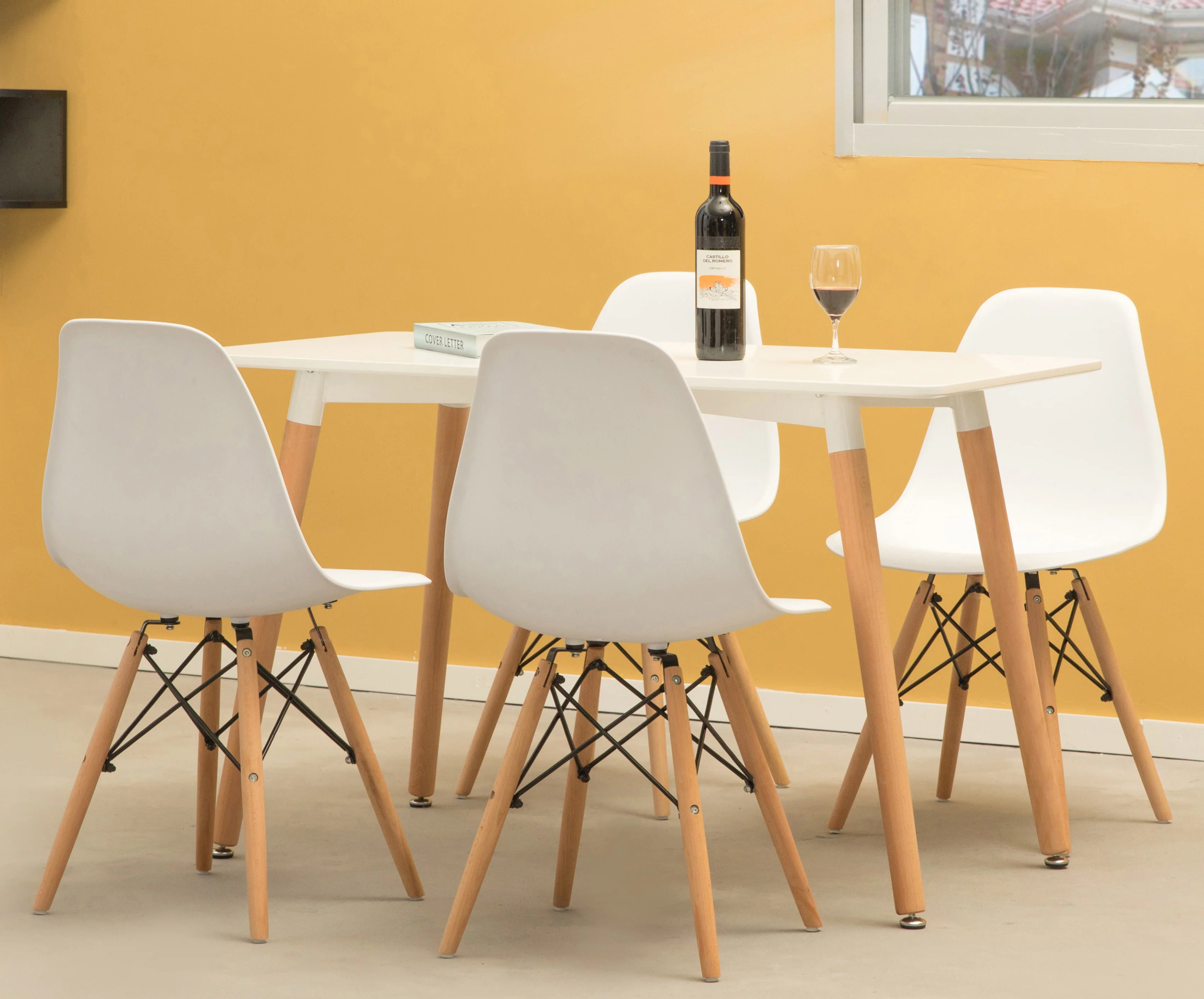 Fabulaxe  32.5 x 18 x 20 in. Mid-Century Modern Style Plastic DSW Shell Dining Chair with Solid Beech Wooden Dowel Eiffel Legs, White