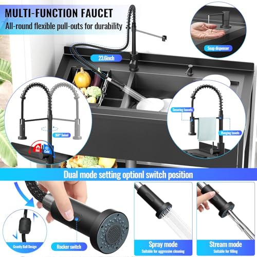 Stainless Steel Utility Sink, 30.8" × 22" × 39.5"Freestanding Sink with Cold and Hot Water Faucet,Hoses and Drain Kit for Kitchens, Bathrooms, Garage