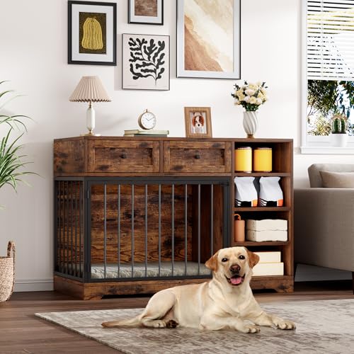 IDEALHOUSE 47” Large Dog Crate, Dog Kennel Indoor with 2 Drawers and 4 Shelves, Dog Crate Furniture TV Stand, Wooden Dog Cage for Medium Large Dogs