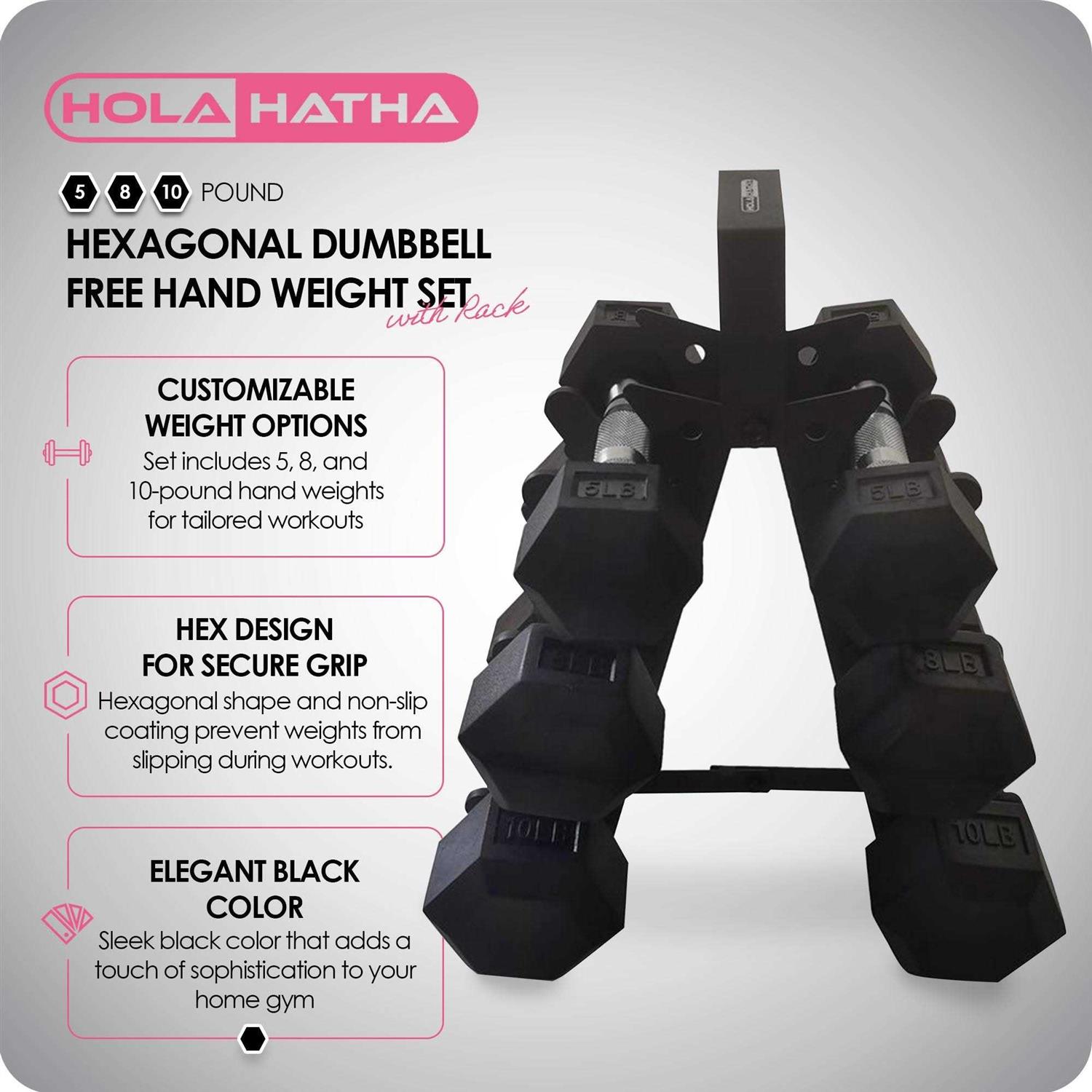 HolaHatha Hexagonal Dumbbell Free Hand Weight Set w/Rack - Sports Supplies Online Store
