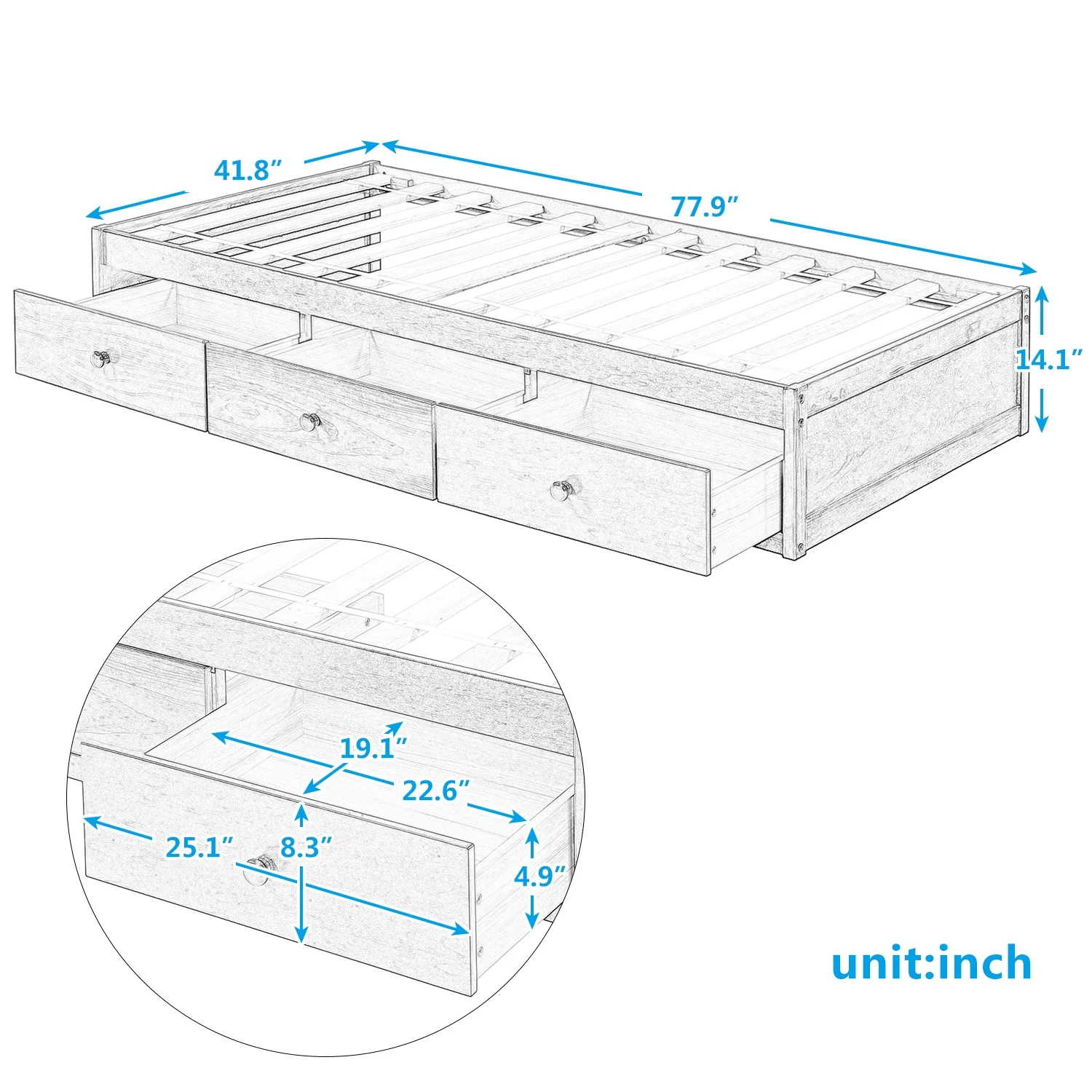 Nestfair Cherry Twin Size Platform Storage Bed with 3-Drawers