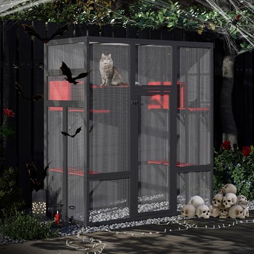 COZIWOW 70Inches Large Stable Spacious Wooden Catio Outdoor Cat Enclosure with Perches and Condos, Cat Cage Indoor with Waterproof Roof