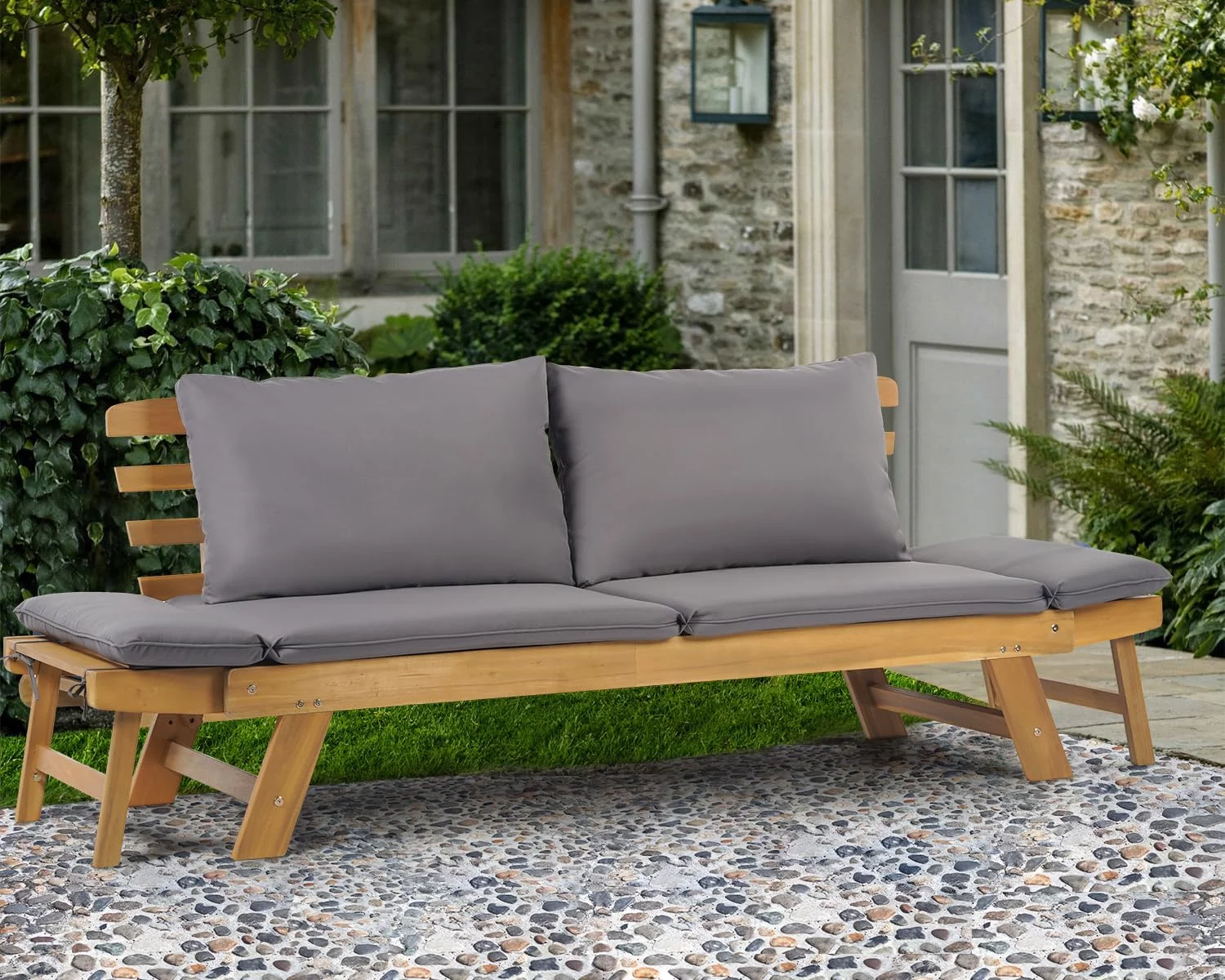 FDW Outdoor Couch Patio Couch Daybed with Adjustable Armrest, Wooden Loveseat with Cushion and Pillow, and Expandable Plate （Gray）