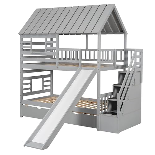 Kids Twin Over Twin Bunk Beds with Slide and Trundle, Solid Wood Bunk Bed Frame with Stairs and Storage