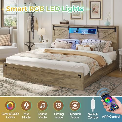 Hasuit Farmhouse Bed Frame California King Size with Storage Bookcase Headboard, Wooden Cal King Bed with LED Lights, Charging Station, 2 Drawers