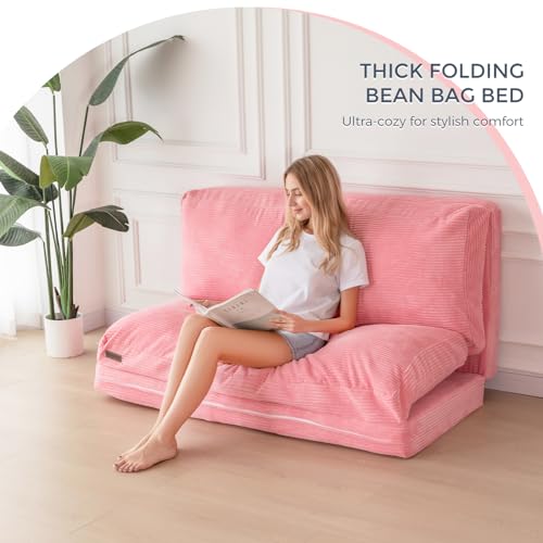 MAXYOYO Bean Bag Bed Folding Sofa Bed Floor Mattress for Adults, Extra Thick and Long Floor Sofa with Corded Washable Cover, Dark Grey, 30x95 Inch