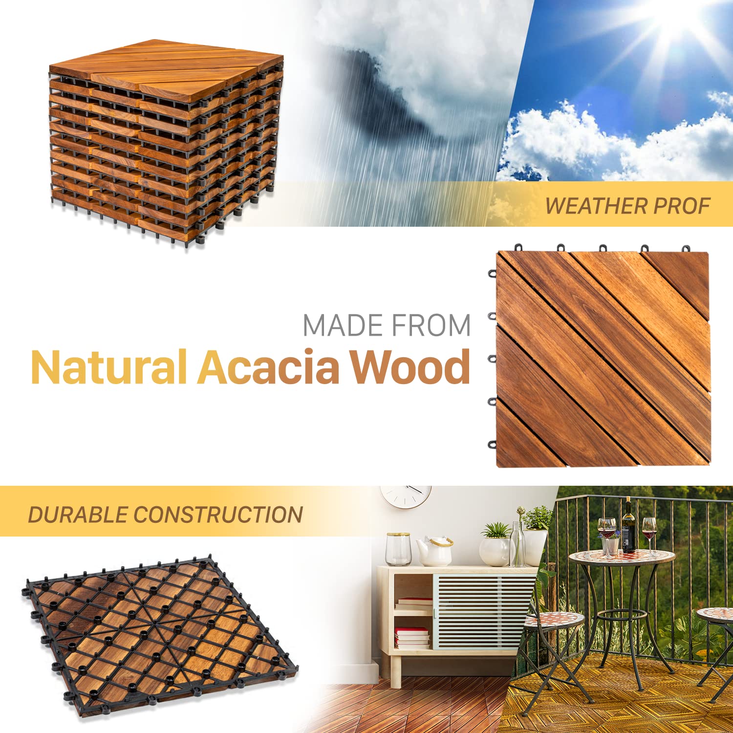 Solid Wood Interlocking Flooring Tiles (Pack of 10, 12 x 12), Acacia Deck Tiles, Floor Tiles for Both Indoor and Outdoor Use