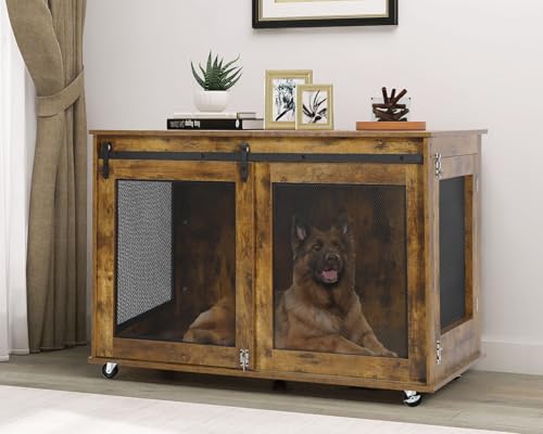 LINLUX 47 Inch XL Dog Crate Furniture, Wooden Heavy Duty Dog Kennel Indoor, Decorative Dog Cage Table for Extra Large Dogs, with Sliding Doors