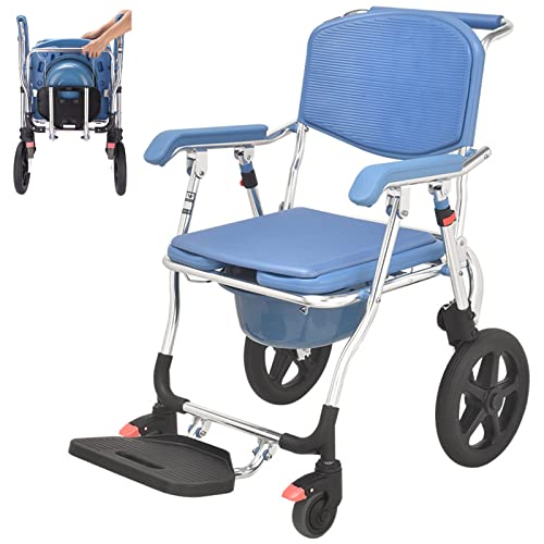 Shower Transport Chairs on Wheels 3 in 1 Folding Shower Wheelchair Bedside Commode with Pail Soft Cushion Backrest Locking Wheels with Large Commode
