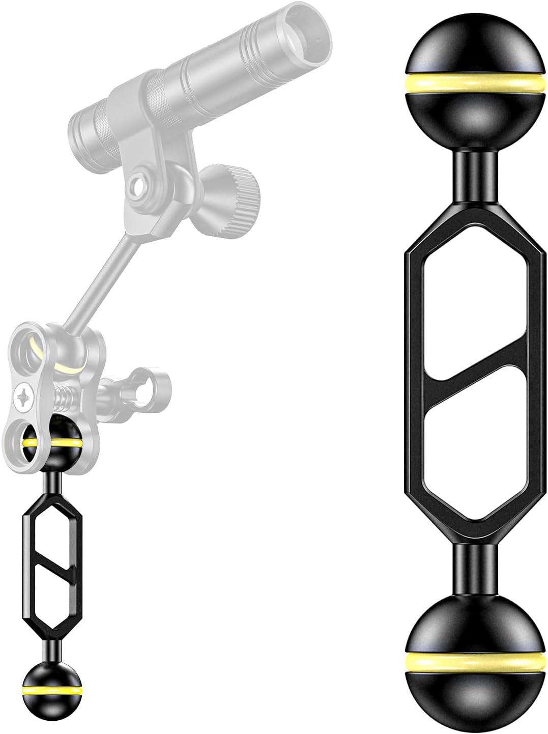 Seafrogs 4&rdquo;Aluminum Alloy Underwater System, Connector Ball Head, Aluminum Alloy Dual Balls Arm for Strobe/Video Light/Diving Camera Tray