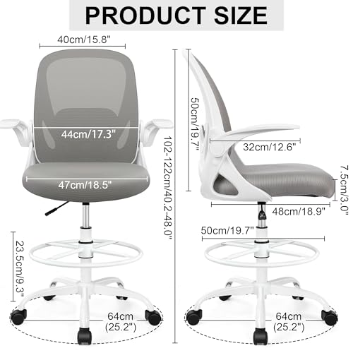 Primy Drafting Chair Tall Office Chair with Flip-up Armrests Executive Ergonomic Computer Standing Desk Chair with Lumbar Support and Adjustable