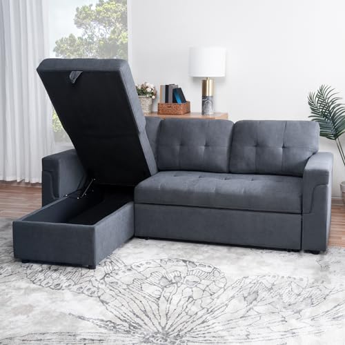 Naomi Home Reversible Sleeper Sectional Sofa Storage Chaise Velvet/Dark Gray