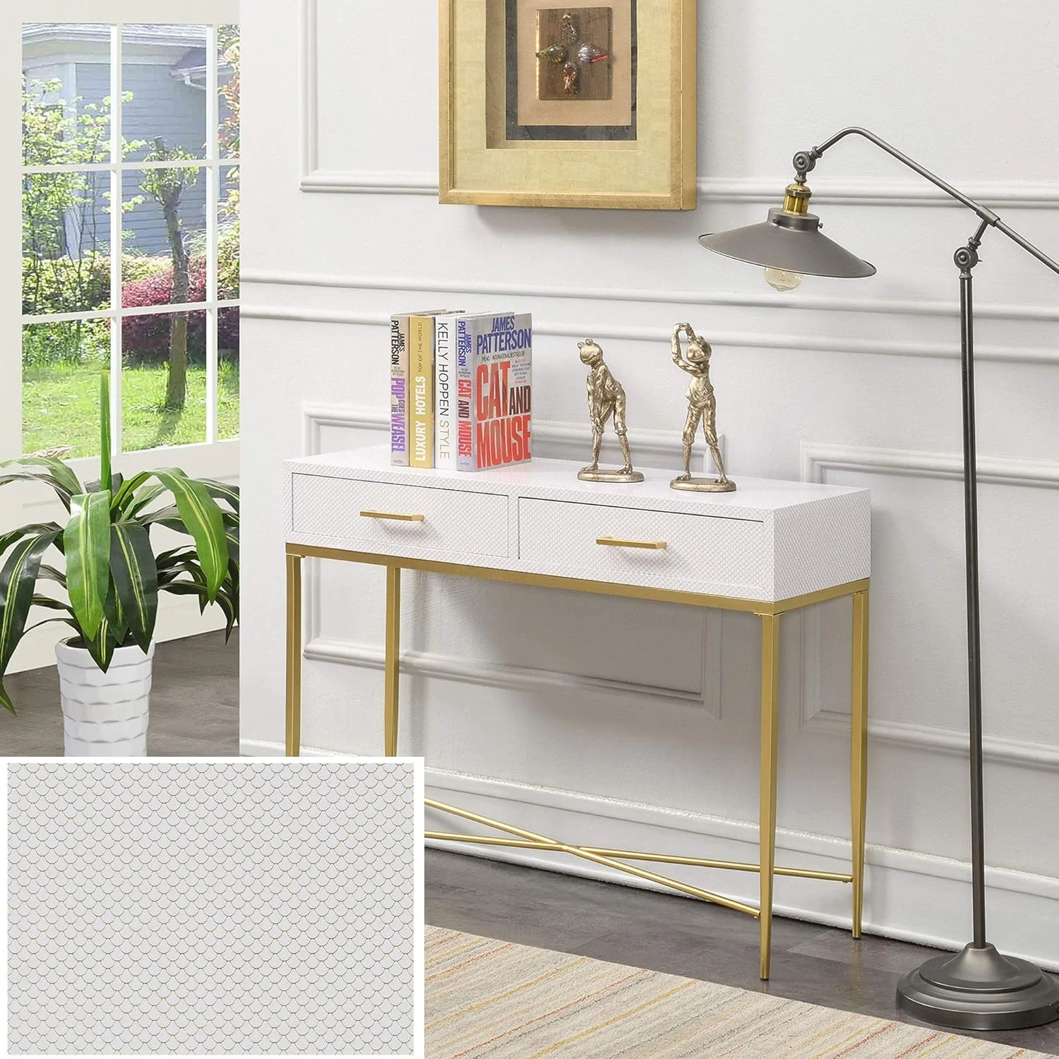 Ashley Console Table, White Scallop/Gold