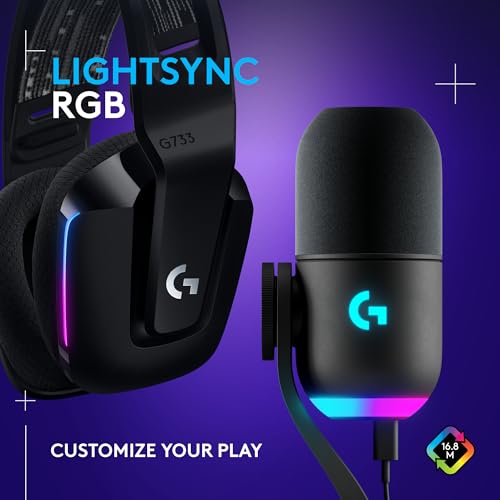 Logitech G733 Lightspeed Wireless Gaming Headset, Suspension Headband, Lightsync RGB, Blue VO!CE Mic, PRO-G Audio – Black, Gaming Headset Wireless