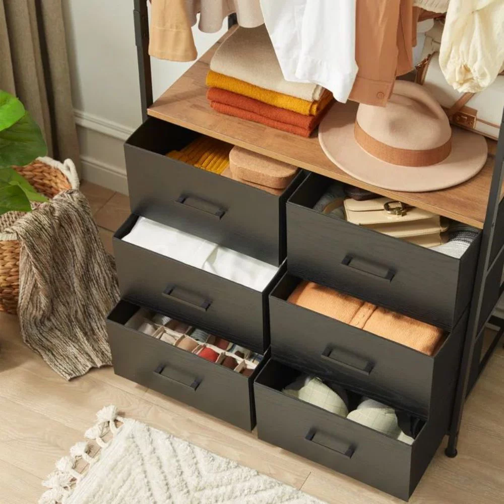 FRAPOW Freestanding Clothing Racks, Wardrobe Cabinet with Hanging Rod and 6 Drawer, Wardrobe Armoire for Bedroom, Wooden Roof