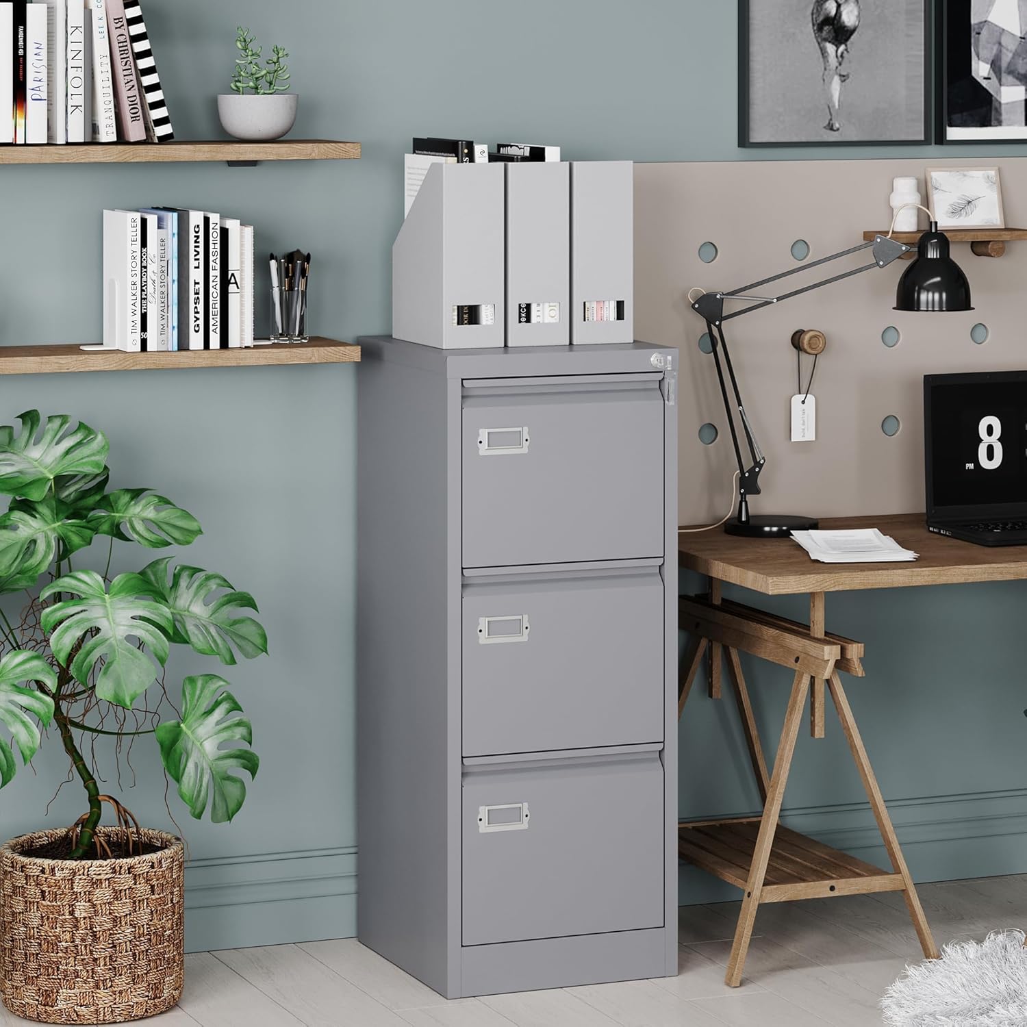 Letaya 3 Drawer File Cabinet with Lock,Metal Small Filing Cabinets for Home Office- Storage A4/F4/Letter/Legal -Assembly Required (Grey)