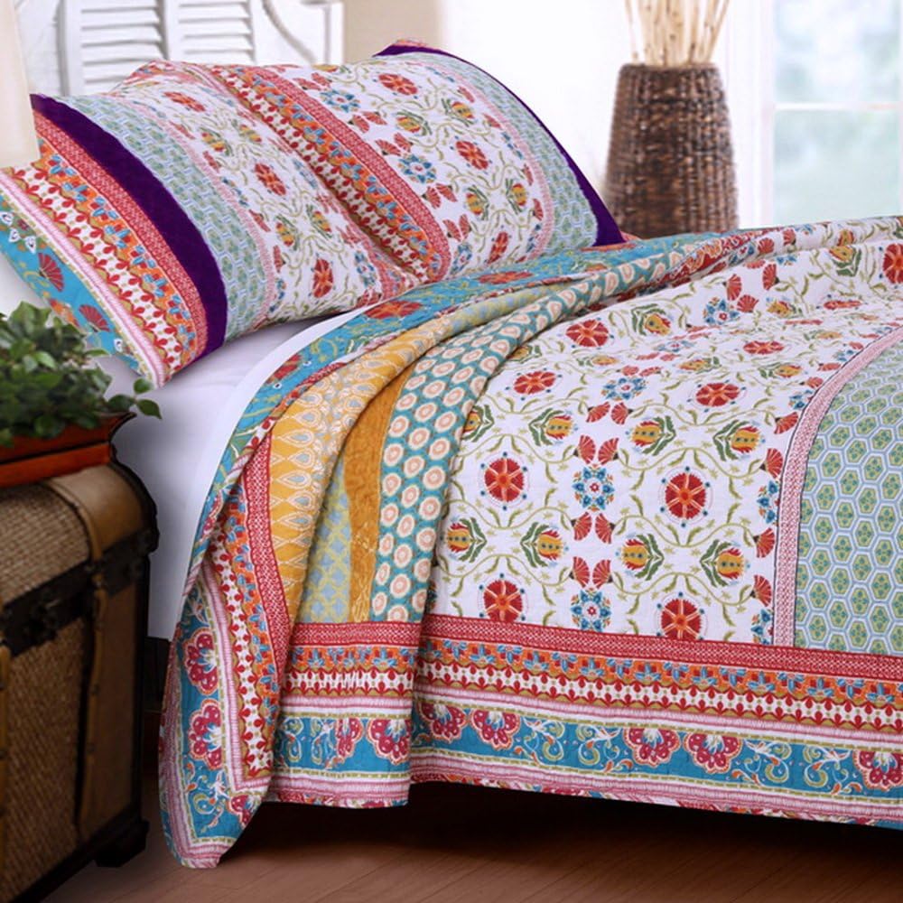 Quilt Set 100 Cotton 3 Piece With Shams King Size Reversible Bohemian Printed With Flowers Mandala Medallion Geometric Pattern Blue Red Yellow Luxury