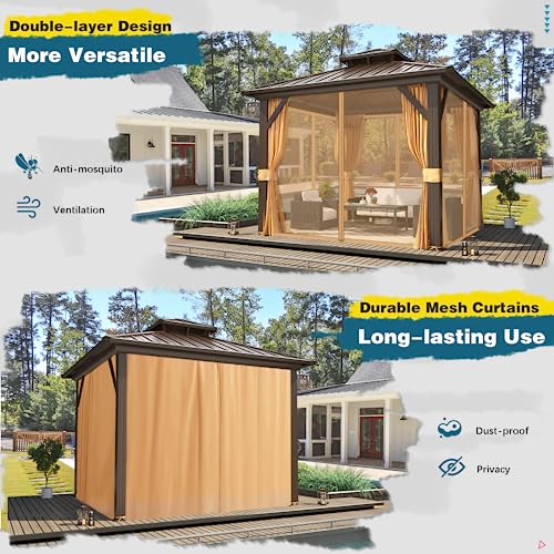 MELLCOM 10'x13' Hardtop Gazebo with Polycarbonate Double Roof, Aluminum Frame Outdoor Gazebo Permanent Pavilion with Curtains and Netting for Patio