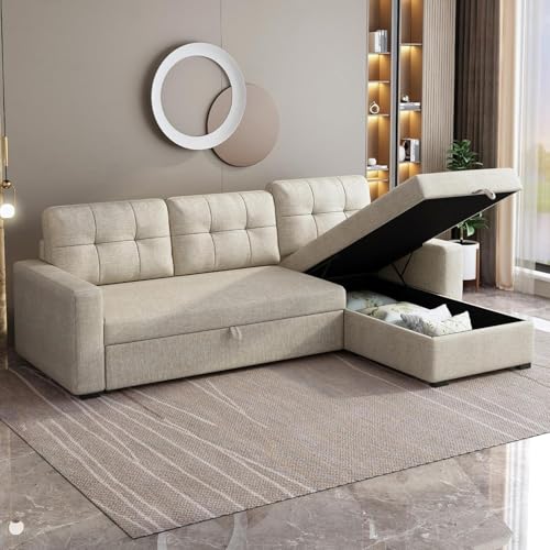 Ball & Cast Convertible Sofa Bed with Reversible Storage Chaise,Linen Sleeper Sofa Couch L Shaped Pull Out Couch Bed