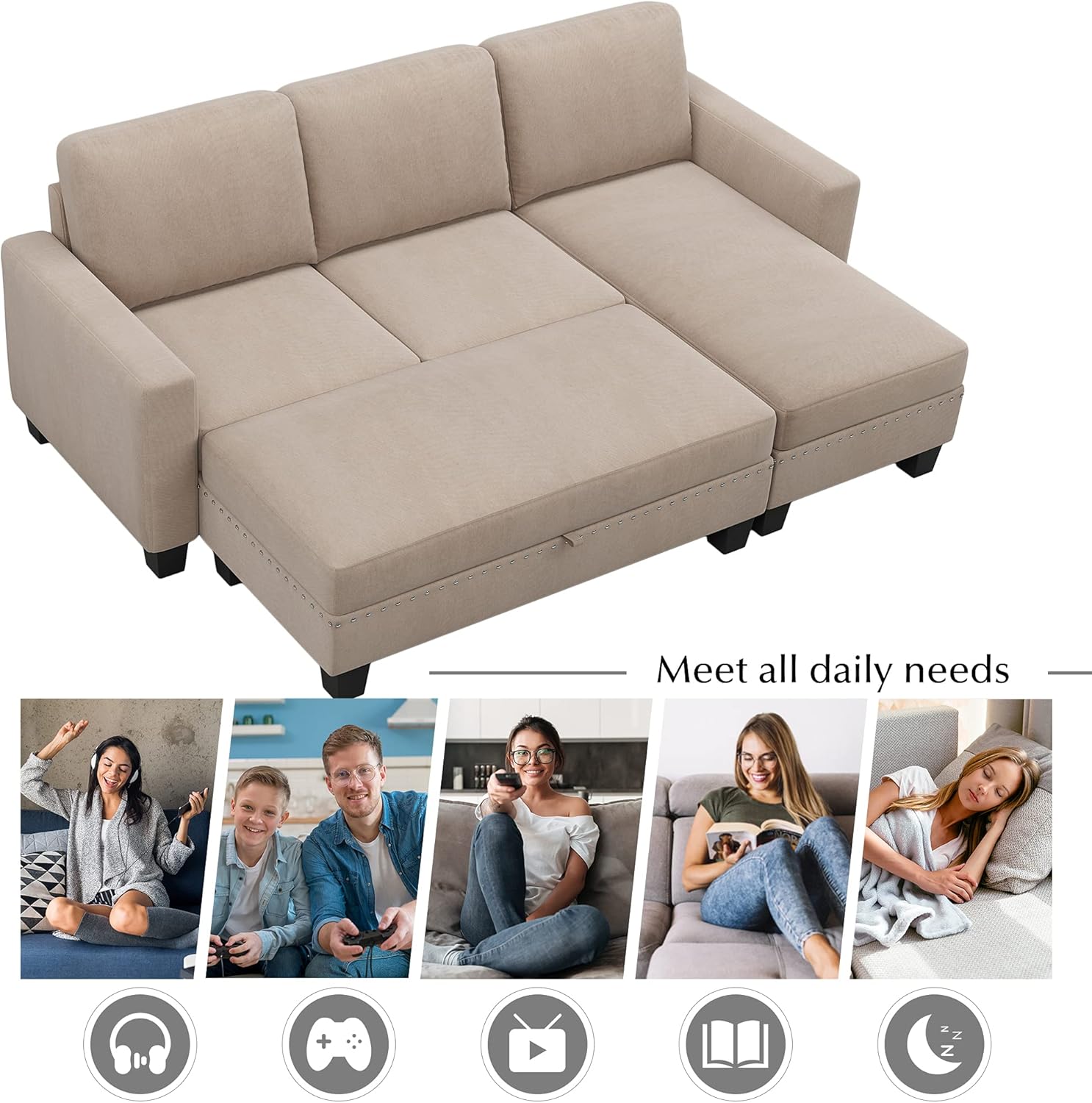 NicBex Fashion Reversible Sectional Couch with Storage Ottoman L-Shaped Sofa Modern Sectional Sofa with Chaise