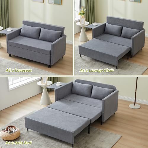 3-in-1 Sleeper Sofa Bed, 51'' Convertible Folding Couch with Pullout Bed, Chenille Futon Sleeper Sofa with Side Table and 2 Pillows
