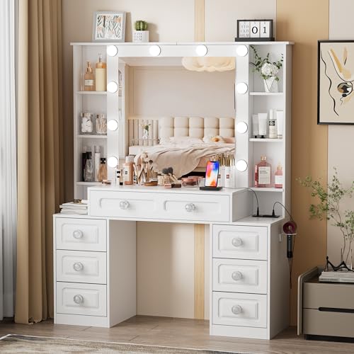 Farmhouse Makeup Vanity with Lighted Mirror & Charging Station, Vanity Desk Dresser Table with 3 Lighting Modes Brightness Adjustable,Drawers
