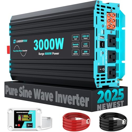 Pure Sine Wave 3500W Power Inverter 12V DC to 120V AC for RV, Truck, Home, Off-Grid, Solar, Inverter with 3 AC Outlet, 30W USB-C, 5V 3.1A USB
