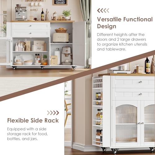 FINETONES Kitchen Island with Storage, Rolling Kitchen Island on Wheels with Wood Drop Leaf Countertop