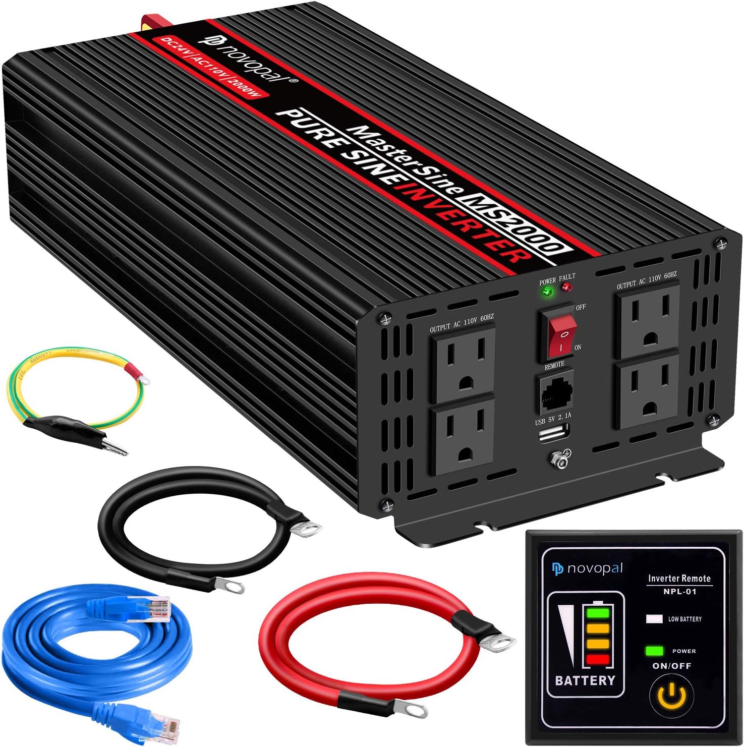 Novopal Power Inverter Pure Sine Wave-2000 Watt 24V DC to 110V/120V AC Converter- 4 AC Outlets Car Inverter with One USB Port-16.4 Feet Remote