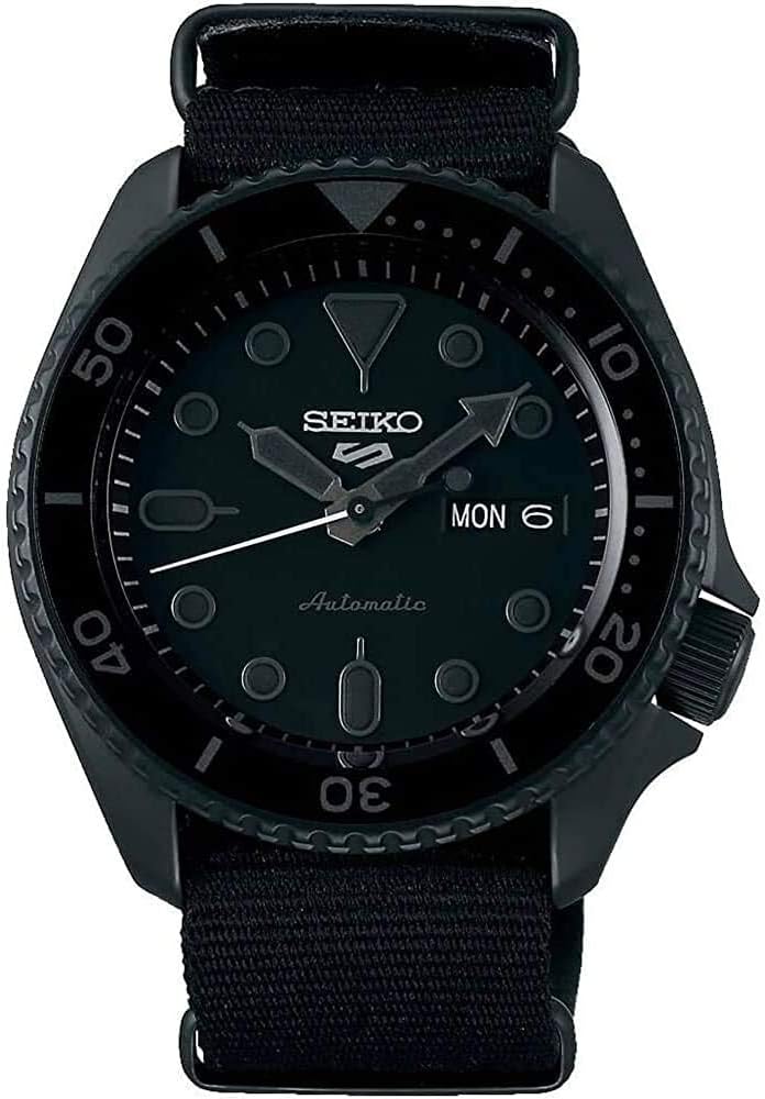 Seiko SRPD79 Watch for Men - 5 Sports, Automatic with Manual Winding, Black Dial with Black Bezel, Black Ion Stainless Steel Case, Black Nylon Strap