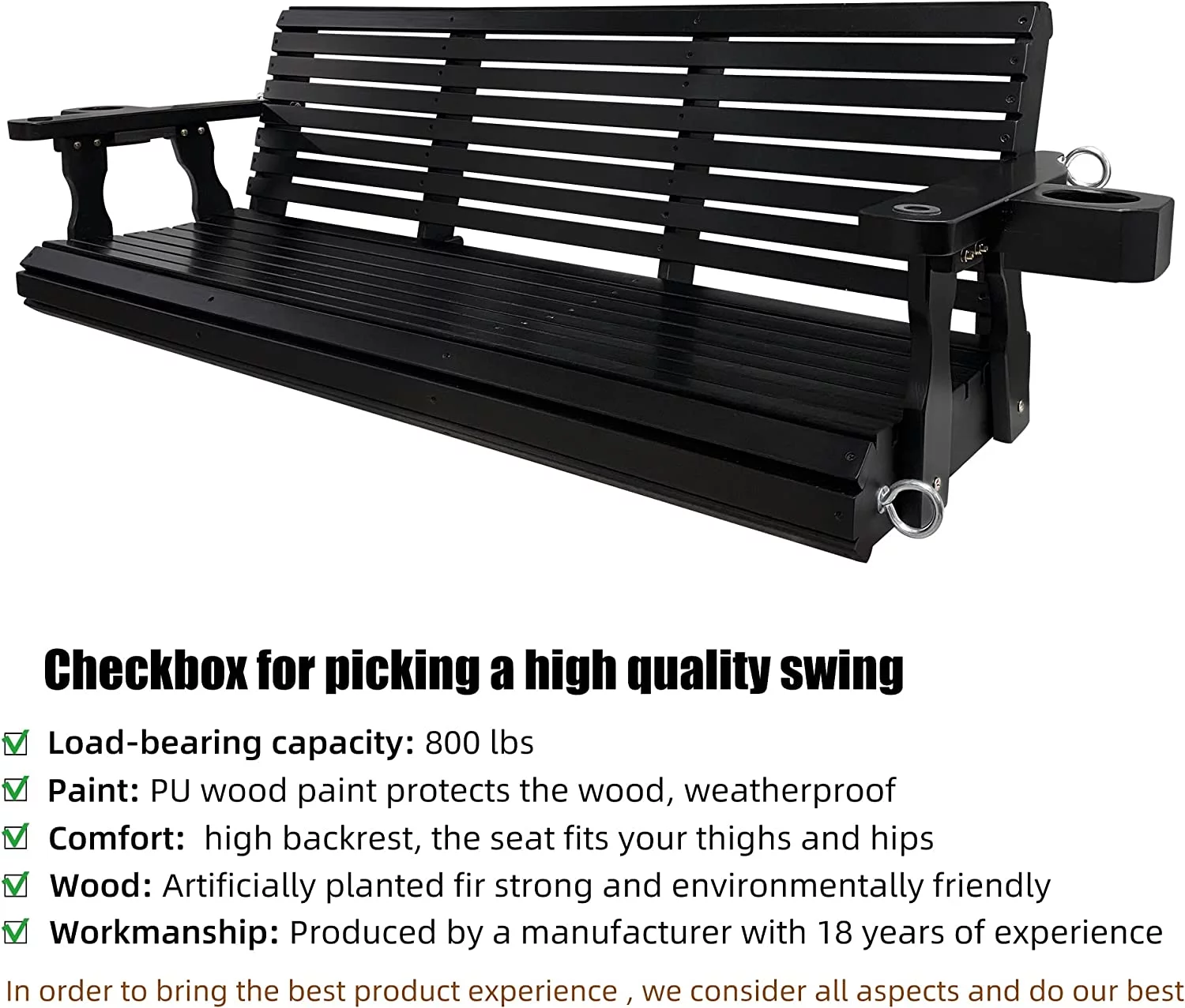 Wooden Porch Swing 3 Seater, 800 lbs Bench Swing for Outdoor Patio Garden Yard, 5 feet Black