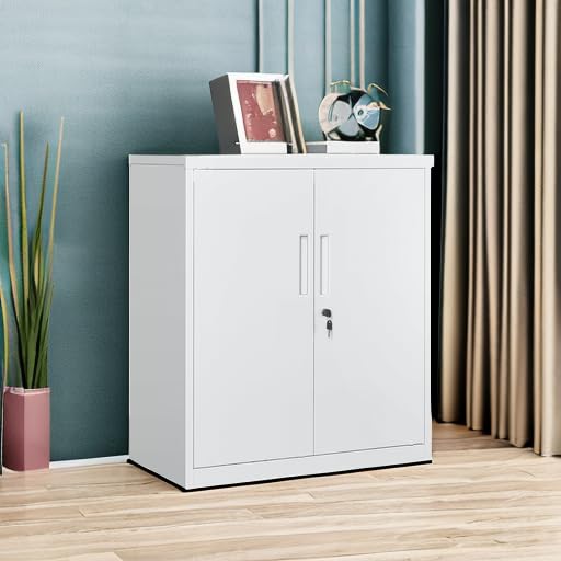 SONGMICS Garage Cabinet, Metal Storage Cabinet with Doors and Shelves, Office Cabinet for Home Office, Garage and Utility Room, Grey UOMC013G01