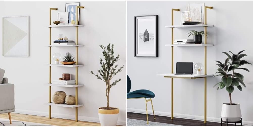 Nathan James Theo 5-Shelf Modern Bookcase, Open Wall Mount Ladder Bookshelf with Industrial Metal Frame, White/Gold