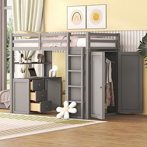 Loft Bed with Desk and Wardrobe Full Size Loft Beds Frame with Storage Drawers Cabinet Wood All in One Beds for Kids Boys Girls Teens Bedroom Dorm