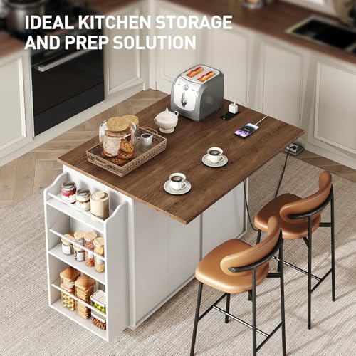 Kitchen Island with Power Outlet & Drop Leaf, Mobile Rolling Cart with Trash Can Storage, 3-Tier Spice Rack,Island Table for Kitchen, Dining Room