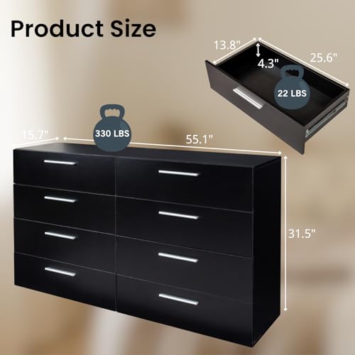 6 Drawer Dresser for Bedroom, Black Dresser Chest of Drawers, Wooden Bedroom Dresser TV Stand, Large Dresser Storage Chest with Deep Drawers