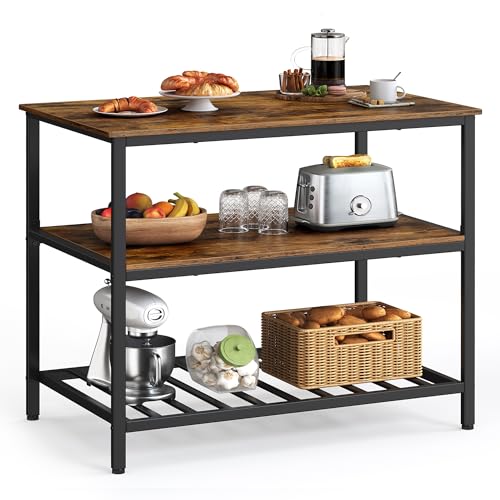 VASAGLE Kitchen Island with 3 Shelves, 47.2 Inches Width Kitchen Shelf with Large Worktop, Stable Steel Structure, Industrial, Easy to Assemble