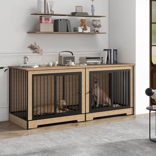 63'' Double Dog Crate Furniture for 2 Dogs, XXL Wooden 2 Dog Kennel, Wooden Dog Kennel with 2 Drawers,Divider and Sliding Door
