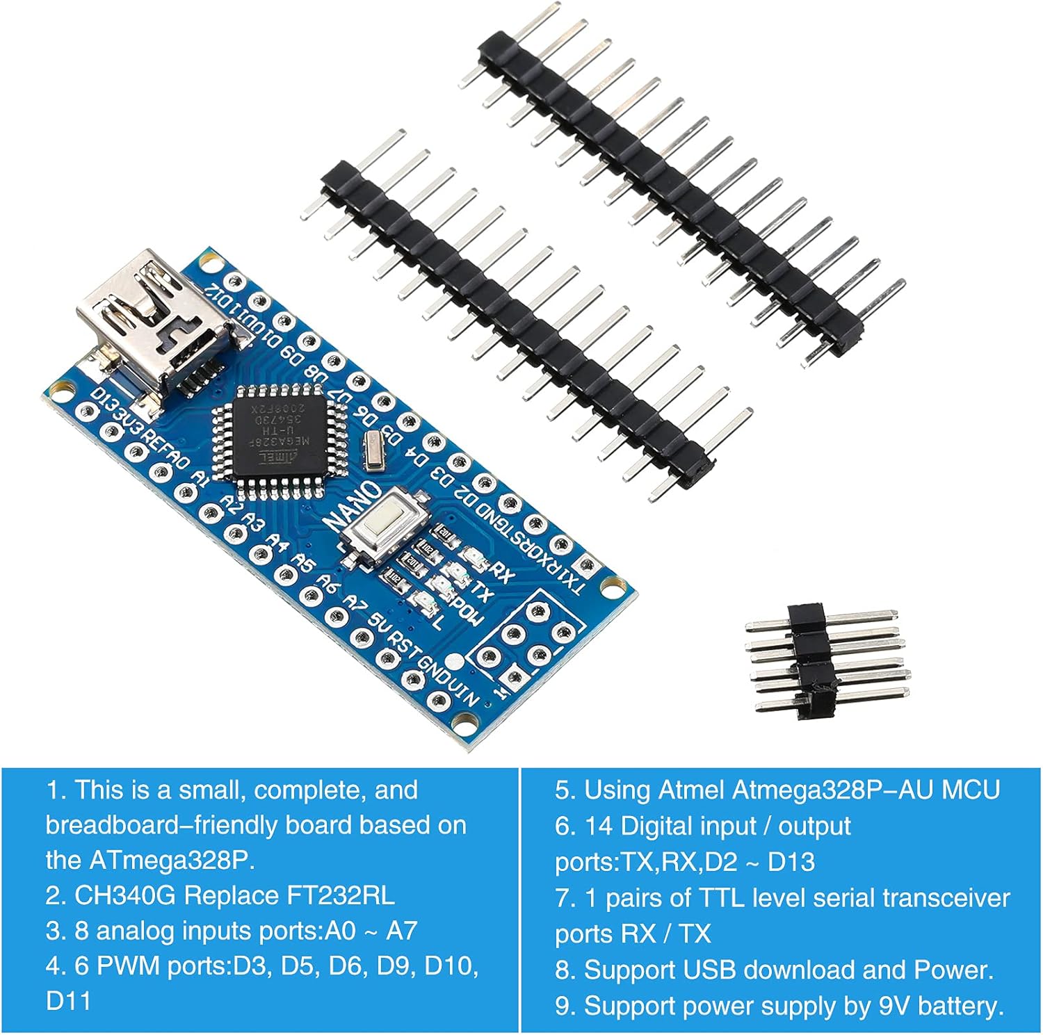 Weewooday 6 Pieces Nano Board V3.0 ATmega328P Without Cable Compatible with Arduino Nano V3.0 with Pin Headers Pin Unsoldered