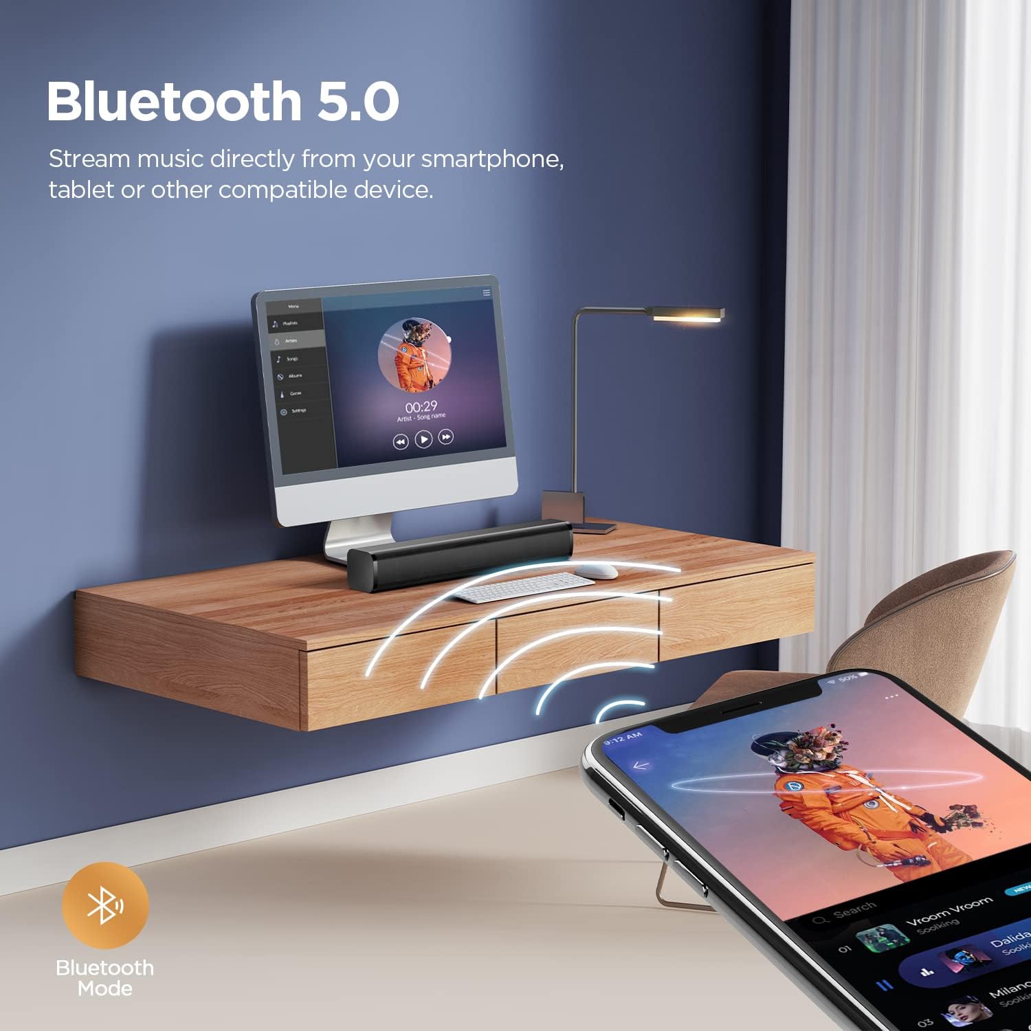 Portable Sound Bar with Remote Control, Bluetooth Mini Soundbar with Stereo Sound, Wired and Wireless Speakers